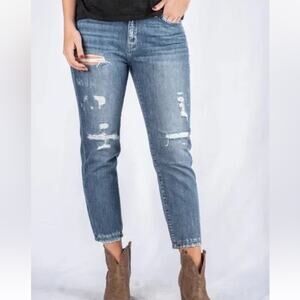 Flying Monkey ripped boyfriend jeans rigid blue distressed denim size 27 ankle